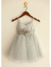 Thin Straps Silver Sequin Folded Sash Tulle Flower Girl Dress